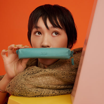 ＜Kiichi＞ 皮革拉鏈式筆袋 / 藍色